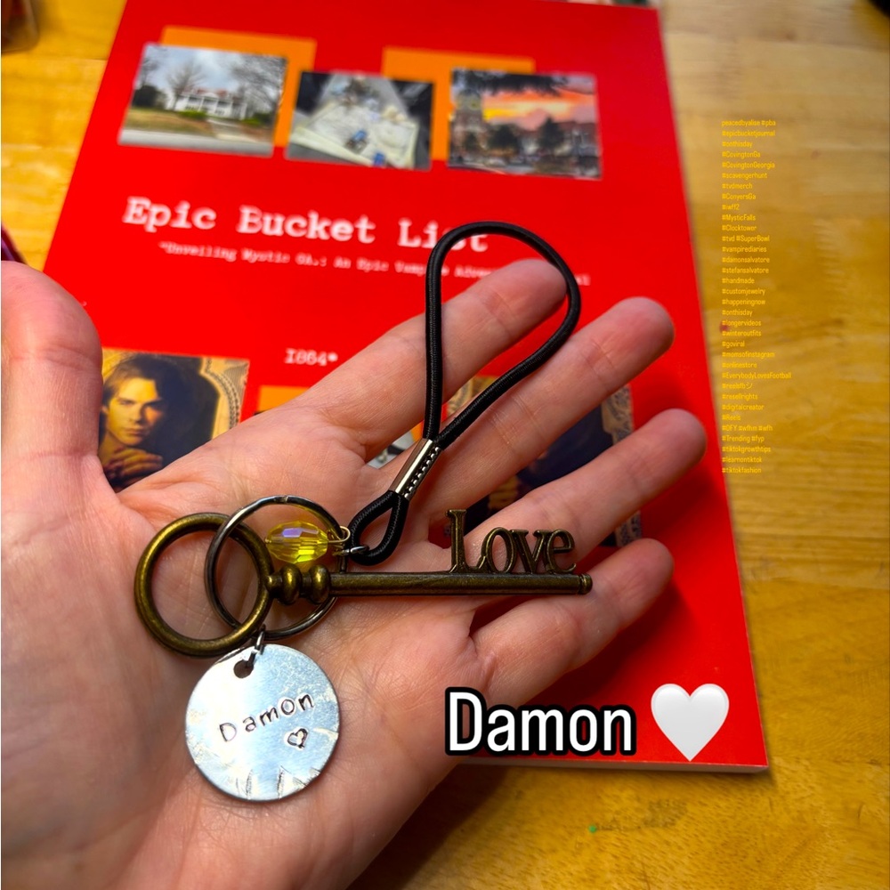Damon hand stamped keychain charm, yellow gem key door puller small band New TVD